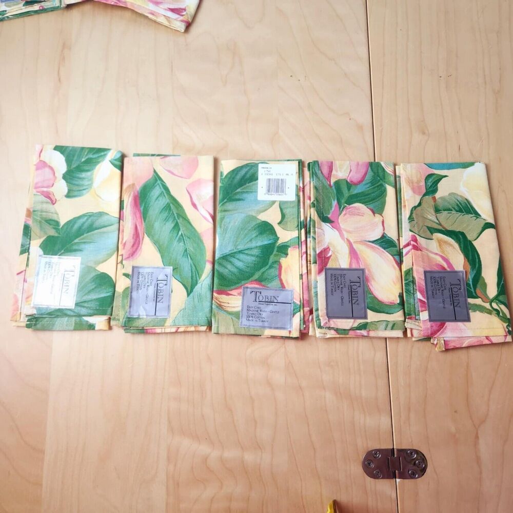 Tobin Set of Ten (10) Magnolia Cloth Napkins 100% Cotton 16" x 16" Yellow Pink - Picture 5 of 8
